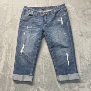 Seven7 Y2k Capri Jeans Womens 6 (31x18) Blue Stretch Distressed Cuffed Ankle